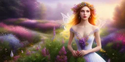 bright fairy, beautiful portrait, flowery landscape