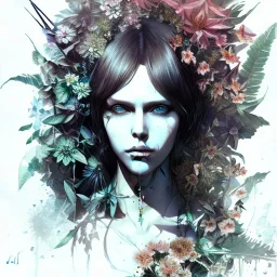 singer Danish MØ face,Style Yoji Shinkawa, watercolor illustration , Dryad, plants, wildflower,