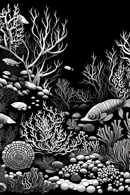 undersea life with corals and the picture looks like black and white drawing