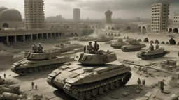 Israeli soldiers and tanks stand on a very large chessboard in the middle of a destroyed city