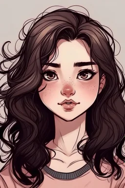 draw me a brunette girl with semi-Asian brown eyes ,a small,full,pink mouth,a defined nase,a medium-sized foehead,medium-length black hair,and medium cheeks and thin eyebrows.and curly hair