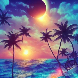 1980's vaporwave aesthetic palm trees with lightning with solar eclipse in the ocean waves sunset