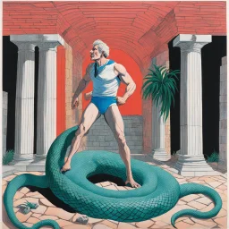 #5 Original Art by David Hockney (Vortex Comic, 1988): [greek god model in flesh] Trapped in a forgotten temple, a man fights against two immense serpents. his face contort in pain, muscles straining against the relentless grip. His struggle embodies resilience and the pursuit of freedom. In the decaying ruins, his defiance resonates deeply. With unwavering determination, he refuses to yield. Bound by an unbreakable bond, he draw strength from each other. his battle echoe