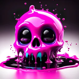 ((gooey melting skull)), pixar animation style, fluid form, ((dripping)) bubblegum pink, adorable and cute, photorealistic cg, 3D concept art, vibrant colours, black colour background, playful, soft smooth lighting, white cartoon eyes, highly detailed, stylised and expressive, sharp, wildly imaginative, skottie young, bold, colourful, neon graffiti, bizarre pop surrealism, rainbow coloured sprinkles, glazed marshmallows, glowing, chocolate toppings, smooth texture, cgsociety, Maya render,