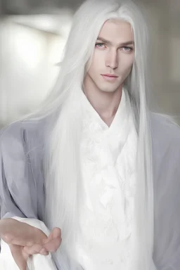 a real image of a man like a white angel with long and bond hair, beauty face
