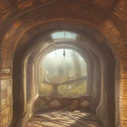 oil painting of an inside view of an old medieval tent with a little opening in canopy