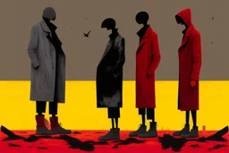 ong-legged surreal lean black-grey figures with beak-shaped heads in overcoat, profile, semi-silhouettes among ramshackle ruins in a barren landscape of red, yellow, black and beige colors, intricate acrylic painting