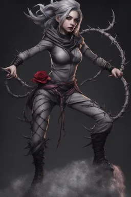 female gray skin, Shadar-Kai wielding a Whip made out of black thorns, clothes with a dark rose theme