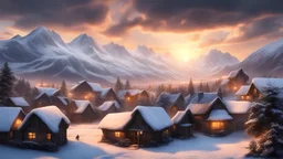 Hyper Realistic village cloudy sunset & snowy mountains