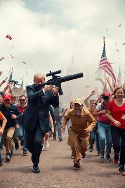 Thousand of people are running scare toward the camera afraid of a big Donald trump with a machine gun