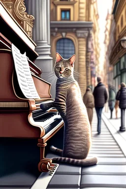 One single mature cat playing piano on the street, Vienna, friendly, model style, hyper realistic, extremely accurate, delicate, extremely detailed, Graphic novel style, wide-angle, open aperture, superfine pencil