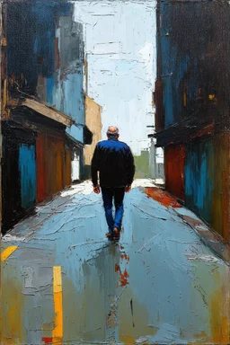 Abstract of a distant Man walking down empty street minimalist art in the style of Paul Klee with grunge textures and heavy impasto textures