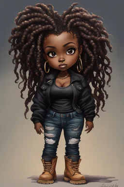 create a EXPRESSIVE OIL PAINTING image of a curvy size chibi dark skinned Black female wearing a black jean outfit with timberland boots. Prominent make up with brown eyes and lush lashes. Highly detailed dread locs