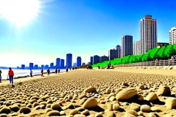 Sunny day, people, rocks, sand, distant modern city