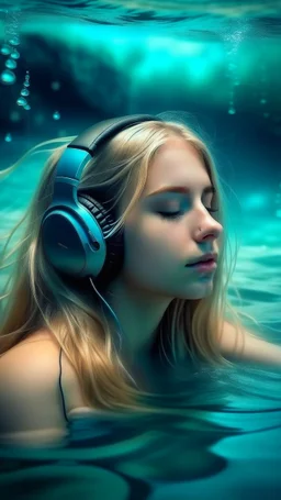 beautiful girl with long blond hair dreaming of a water world with some rain and listening to music