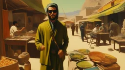 takistan life, oil painting. dr arab cover 1970, far perspective dnd style. sunglasses. marketplace, with ak 47 shooting food.