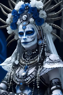 Beautifull white ancient Greek Göd of war Hades in amo shaman technoreaism t portrait, adorned with techno robotics ancient greek tribal headdress wearing technorobotics black steal chain effected ancient greek armour l beads and flowers metallic multichrome lace effected masque wearing azurite blue and black onix mineral stone voidcore robotics dress jacket organic bio spinal ribbed detail of multichrome robotics ancient Greek rainy background extremely detailed hyperrealistic concept portrai