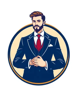 A circular logo with a vector of a groom in a suit at the top of the logo in a blue, red, white and gold color theme.