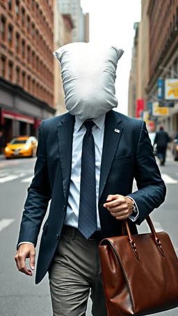 A man with suite carrying a business bag walking in the new York street , his head is a covered with white pillow sheets with no eyes nose or mouth