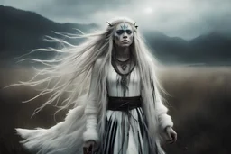 Otherworldly, heilung little witch singer and a white crow, Cara Delevigne MacKenzie Foy Avril Lavigne, tribal dance fur open dress, beautiful long white dreadlocks hair, 15 years old Nordic young girl, black face paint stripes on the eyes,dances magic in the stormy misty moor, closeup of the white crow, intricate, pagan music art, rune simbol in the forest background, high detailled, fanart, oil painting, 8k, Oil painting, heavy brush strokes, hyperrealistic paint splashes Jerem