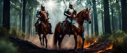 the horsemen of the Apocalypse, epic apocalyptic, hyperrealism, intricate, 8k resolution quality, golden ratio,infinity layers, brown honey dark red pure leather armour steel and blue sage green metallic, cinematic FHD octane rendering, forest background, isometric insane