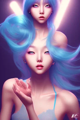 k-pop girl, dramatic lighting, blue hair, hd, action pose