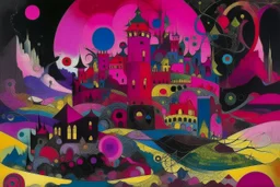 A dark magenta castle of mystery painted by Wassily Kandinsky