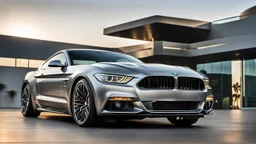 A luxurious (((fusion of a bmw and ford mustang))), its sleek contours and opulent details blending seamlessly together, rear view