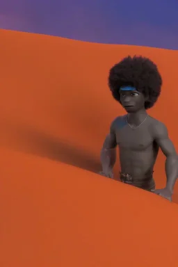 3D render of a cyberpunk tribal young black man, black afro hair, ragged shirt, on a orange dune background, digital art