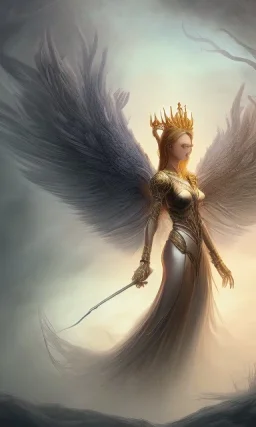 Female angel with beautiful perfect face big wings and golden crown floating above the ground in the dark enviroment, anatomically correct, michelangelo style, detailed, world of warcraft style, dark forest, trees, painting, brush strokes, 8k, dark forest in the background, epic scene, epic painting