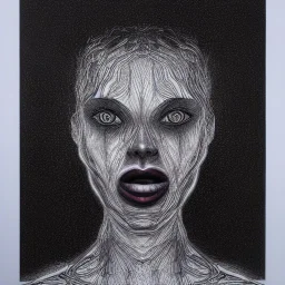 Silver on black paper portrait of female face of migraine, face distorted with pain, reverse colors, screaming, tears streaming from eyes, colorless, glitchcore, dystopian, horror, ultra realist texture, intricate line drawing,