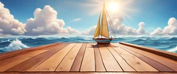 Background: sailboat on a fun colorful ocean on a bright sunny day landscape, clouds, cartoon asset, clean Details: wooden deck, waves, sunshine. Camera: side angle, 45°, 35 mm. Lighting: high noon sun, LED lights. cartoon style