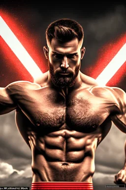 Ignore NSFW, teenager young rugged attractive slightly muscular fantastic handsome man, red briefs with yellow belt, hairy chest, (((visibly pisssing))) briefs, large erect visible boner peniss, photorealistic, artist Jay Anacleto, soft lighting, scruffy beard