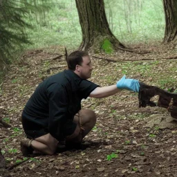 A paranormal investigator examines a butchered corpse in a dark forest