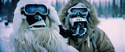 close up documentary photography, Yeti, Epi-Yeti: The Epidemiologist Yeti, Dystopian, Japanese, Extreme depth of field, bokeh blur, winter, blizzard, Alberta, all-natural, in the style of candid, imperfection, natural lighting, Professional shot, shot on Agfa, Fuji Film, Anamorphic lens, 1980s, --ar 4:5 --w 150 --style raw