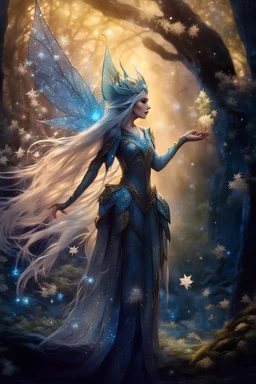 Elven princess, blue hair,rapunzel hair,very long hair,golden armor,light blue,ice flowers,ice crystals,snow,sparkle elven crown,elven ears,dark fairy princess,beautiful,frozen ivy