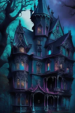 Gothic Victorian era witch manor, haunted looking and dark Aesthetic and pleasing to the eyes, and colorful exterior