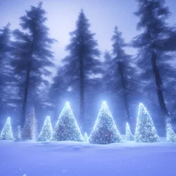 big snow-covered Christmas trees, with Christmas lights, very bright, in the forest, at night with stars everywhere