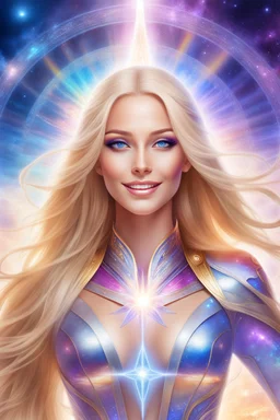 cosmic woman ,beautiful ufos rainbow, admiral from the future, galactic confédération, fine whole face, crystalline skin, expressive purple eyes,rainbow, smiling lips, very nice smile, costume pleiadian, Beautiful tall woman pleiadian Galactic commander, ship, perfect datailed golden galactic suit, high rank, long blond hair, hand whit five perfect detailed finger, amazing big puple eyes, mouth, high définition lips, cosmic happiness, bright colors, blue, pink, gold, jewels, realist,