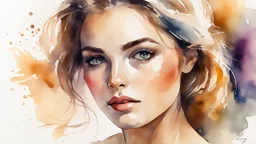 watercolor painting of a beautiful of a 25 year old woman, realistic skin texture, looking into the camera, Anna Razumovskaya style, atmospheric light, realistic colors