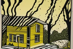 A pale ivory yellow district with a voodoo house in a thunderstorm painted by Roy Lichtenstein