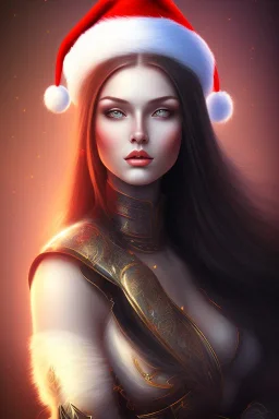 portrait lady warrior with long black hairs and Christmas hat