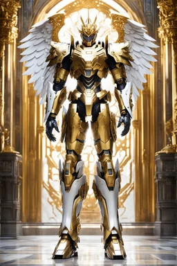 Full body Excellent pose style Facing front Photography a man as Angel king Cyborg dressing armor Mecha Robo Golden and palace background