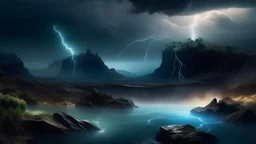 lago de obsidiana con acantilado marino y duna extraterrestre en un atmósfera de vapor y luz de relámpago
