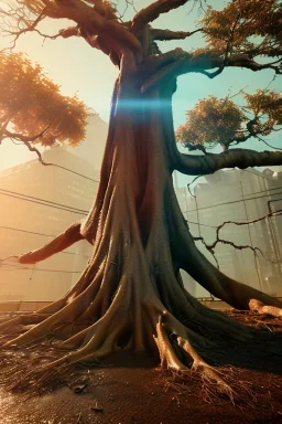 Cyberpunk theme, portrait of Oak tree roots holding man inside, misty sunny day, close-up portrait, symbios