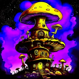 A fantabulous black, yellow, and purple (((mushroom tower house))) erected atop a (geologic pillar), surrounded by the uncanny imaginative ((( swirling skies))), offset by the stark hues of a (neon-tinged nebulous space scape), within. captured by the hand a skilled master painter with a focus on (softly blurred compositions and voluminous lighting).