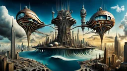 a stunningly weird image of a futuristic giant tower floating metropolis using Salvador Dali's paranoiac-critical method, where buildings and structures appear to melt into the skyline cityscape is filled with floating mad, twisted sharp metal shapes that interact with the buildings and each other, forming a surreal tableau of a dreamlike reality. neu-steampunk vibe, essence of the scene in a cinematic manner, with dramatic shadows that enhance the distorted perspectives and bizarre