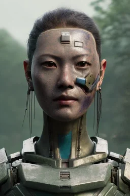 japan head portrait, warrior armor , village, meditation, woods, galaxy sky, 8k quality , portrait,beautiful robotic ,ghost in the shell , post-apocalyptic in a cyberpunk city, realistic, intriacte detail, sci-fi fantasy style, volumetric lighting,24mm , particales,highly detailed,cinematic, deep purple , green eyes .