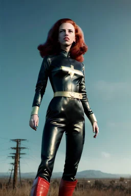 retro portrait image from 1960, sky background, wind, long red hair, fighting stance, sweet young Scarlett Johansson, black dress, classic long tight lycra black suit, gold bracelet and belt, high heel boots, superhero style, soft color, highly detailed, unreal engine 5, ray tracing, RTX, lumen lighting, ultra detail, volumetric lighting, 3d, finely drawn, high definition, high resolution.