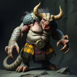 a Monster. who is big and has patch work scaling for skin. and horns. he is also wearing a Scottish clan kilt that's yellow black and red.